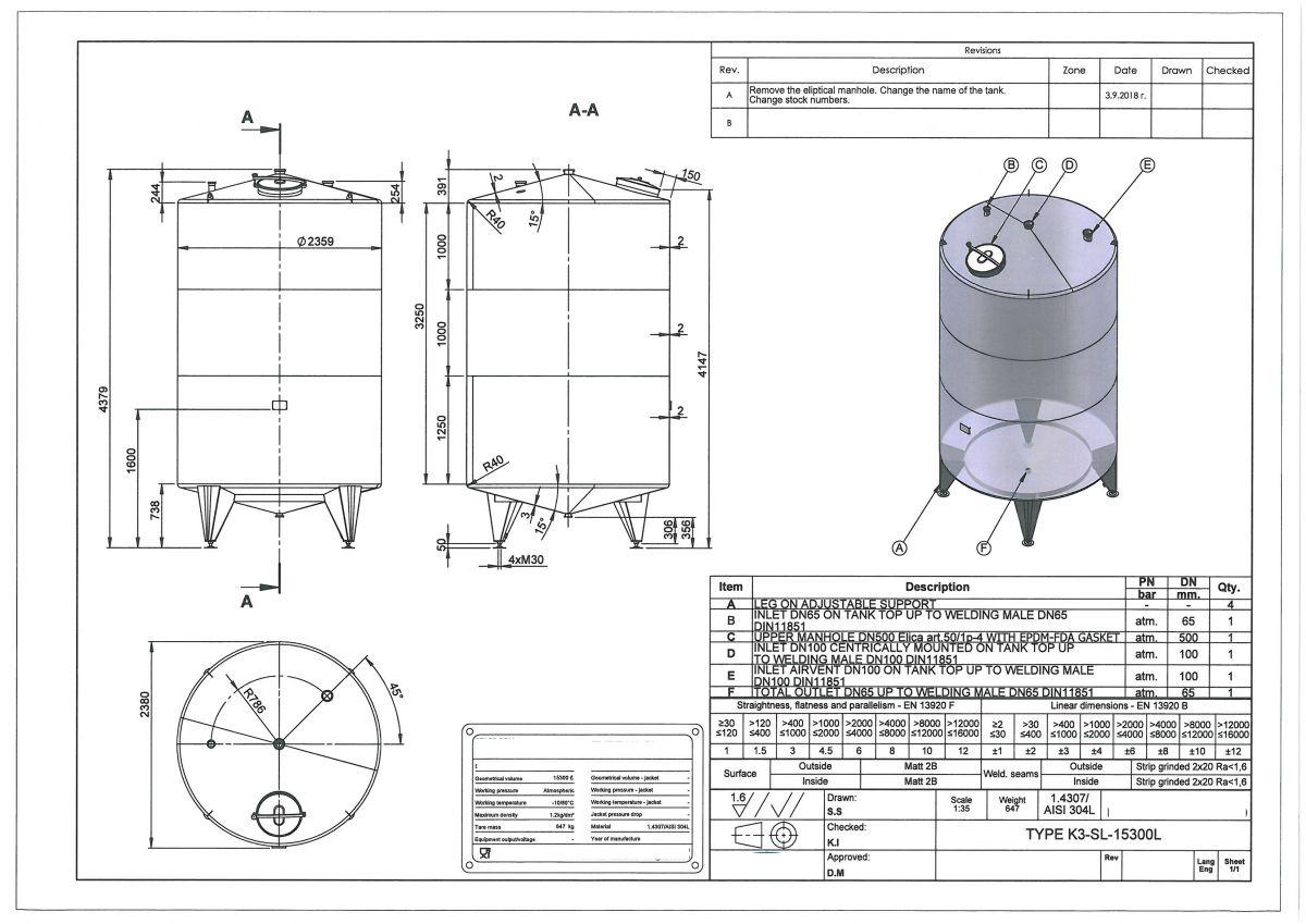 15300 liter tank i rustfritt stål 304